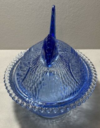 VINTAGE INDIANA GLASS BLUE HEN ROOSTER ON NEST COVERED CANDY NUT DISH 3