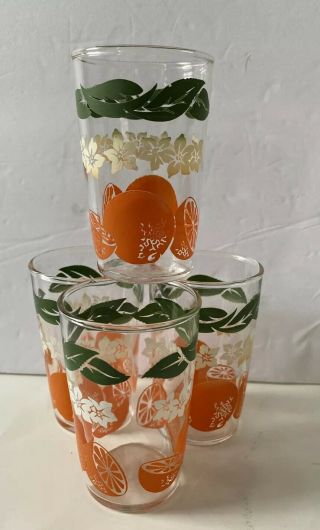 VNTG Retro 4 Orange Juice Glasses Clear w/ Oranges & Green Leaves 4 