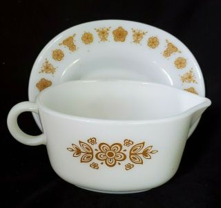 Vtg Corelle Corning Gravy Sauce Boat With Under Plate Butterfly Gold Pyrex