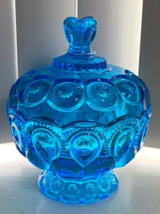 L.  E.  Smith Moon And Stars Colonial Blue Pedestal Candy Dish With Lid