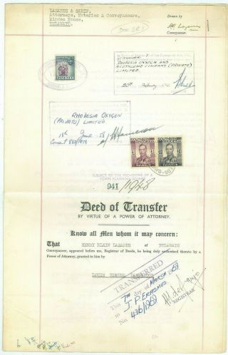 Sth Rhodesia - 1954 Deed With £1 & £10 Kgvi Revenues (plus 5/ - Arms) (es370a)