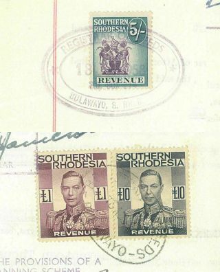 STH RHODESIA - 1954 DEED with £1 & £10 KGVI revenues (plus 5/ - arms) (ES370a) 2