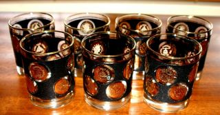 7 Vintage Libbey Black Lowball Rocks Cocktail Glasses With Gold Coin Design 4 "