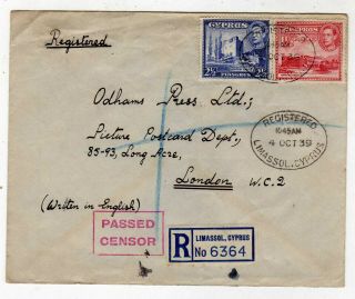 Cyprus 1939 Registered Cover Limassol To Uk,  4p Franking,  Boxed Passed Censor