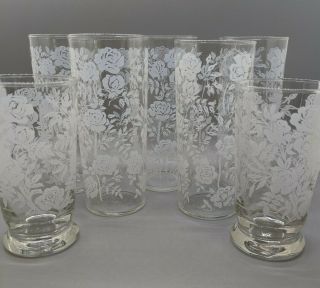 Set Of 5 Vintage 50s 60s Libbey Highball Floral Etched Glasses And 2 Tumblers