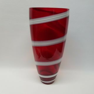 Tall Blown Glass Red And White Vase,  13¼ " Height