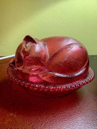 Vintage Indiana Glass Pink Sleeping Nesting Cat Candy Dish 7 " Long And 6 " Wide