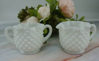 White Milk Glass Hobnail Vintage Sugar And Creamer Set With Ruffled Edge