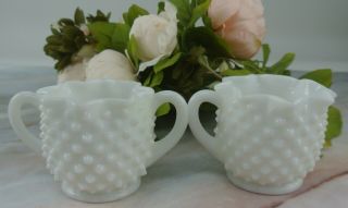 White Milk Glass Hobnail Vintage Sugar and Creamer Set with Ruffled Edge 3