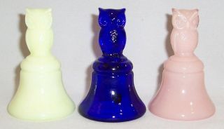 3 Boyd Glass Owl Bell ' s (Cobalt Blue,  Budding Pink & Lemonade?) 2