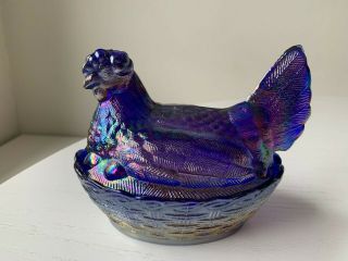 Iridescent Cobalt Blue Carnival Glass Hen On Nest Candy Dish 6 1/2 " Nesting