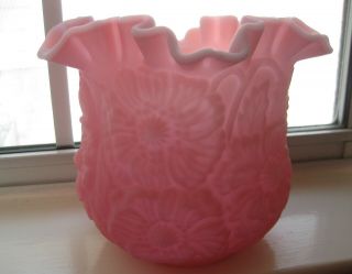 Large Vintage Fenton Pink Poppy Rose Satin Floral Ruffled Vase
