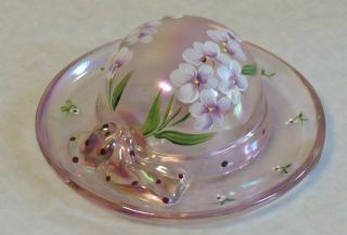 Fenton Art Glass Irridescent Pink Hat Floral Design Hand Painted By D.  Johnson