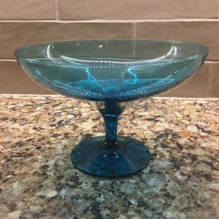 Vintage Mid Century Modern Italian Art Glass Aqua Blue Compote Bowl -