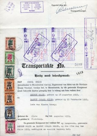 1959 South Africa Deed Of Transfer.  A Scarce & Fine Revenue Document.