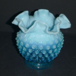 Fenton Blue Opalescent Hobnail Double Crimp Rose Bowl Vase Estate Find Lce119