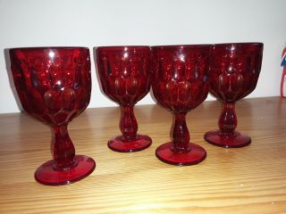 Vintage Fenton Set Of 4 Ruby Red Thumbprint Wine Goblets Heavy Glassware