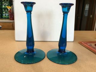 Vtg Pair Cobalt Blue 9.  25in Round Base Candlestick - Depression Glass - Scarce