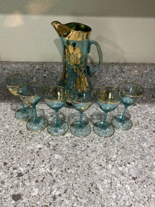 Vintage Blue Glass With Gold Leaves Pitcher And Goblets