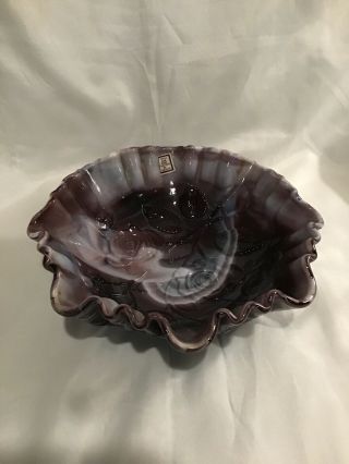 Vintage Imperial Purple Slag Glass Bowl With Rose Pattern American Handcrafted