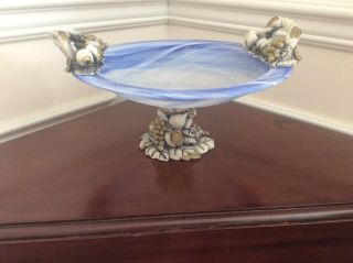 Blue White Swirl Glass Console Center Bowl On Pedestal With Handles