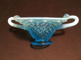 Vintage Fenton Turquoise Blue Opalescent Hobnail Two Handle Candy Dish