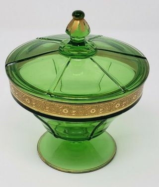 Rare Vtg Footed Green Ribbed Depression Glass Bowl Lid Candy Dish W/ Gold Trim