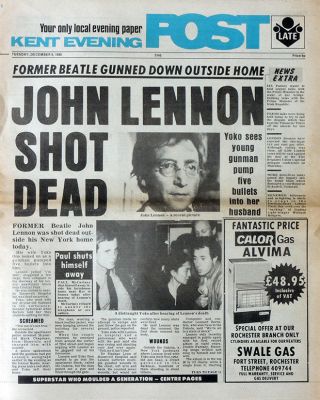 Kent Evening Post Newspaper 9 Dec 1980.  John Lennon Shot Dead Cover The Beatles