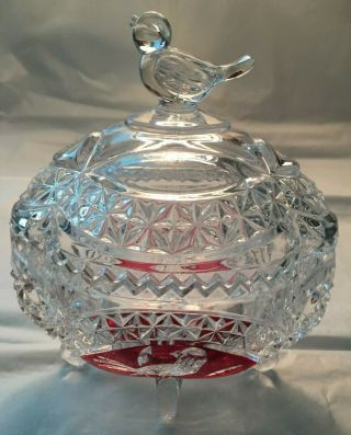 Hofbauer Ruby Red Bird 4 Footed Oval Bowl/candy Dish With Lid