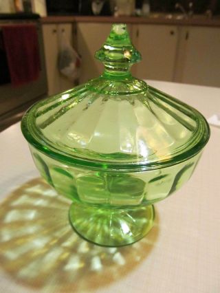 Green Depression Vaseline Glass Candy Dish W Lid,  5 "