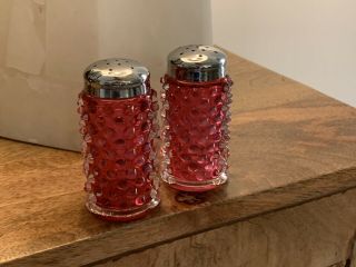 1940’s Fenton Cranberry Glass Red Hobnail Opalescent Salt - Pepper Shakers