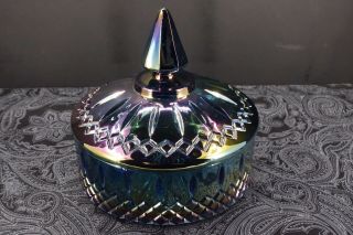 Vintage Iridescent Blue Carnival Glass Lidded Candy Dish Indiana Glass