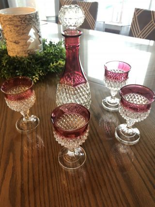 Vintage Indiana Glass Whitehall Ruby Red Flash Trim Wine Decanter With 4 Glasses