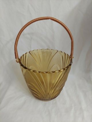 Vintage Amber Glass Ice Bucket With Coiled Handle 10 Inch High With Handle