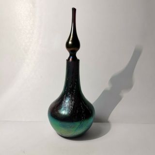 Okra Art Glass Perfume Bottle - Iridescent " Oil Slick " Peacock Colouring