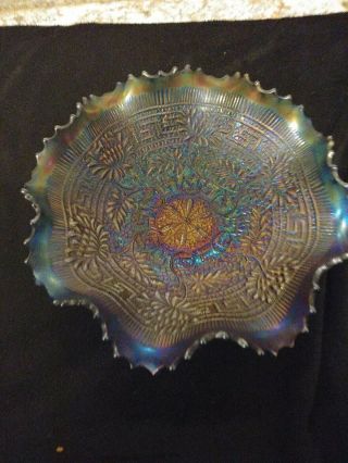 Northwood Embroidered Mums Antique Carnival Glass Art Bowl Blue
