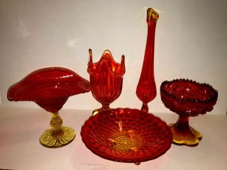 5 Fenton Amberina Glassware 2 Vases 2 Compotes 1 Three - Legged Bowl