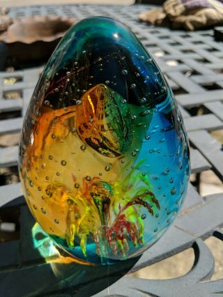 5 1/4 " Goose Egg Cobalt Blue Shaped Hand Blown Art Glass Paperweight Bubble Vtg