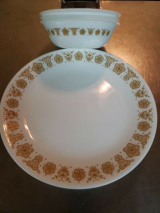 Vintage Corelle Butterfly Gold Dishes,  7 10.  25 " Dinner Plates & 3 6.  25 " Bowls
