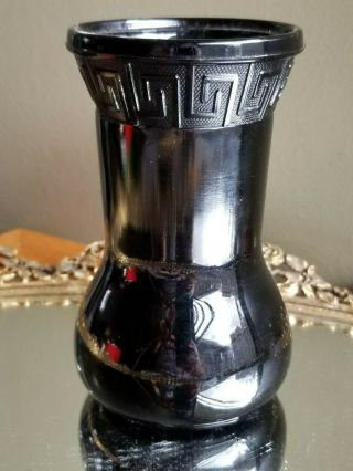 Vintage Le Smith Art Deco Black Amethyst Greek Key Vase Depression Glass Mcm