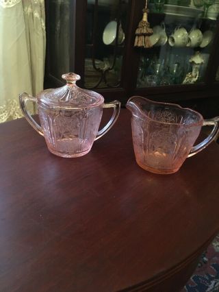 Vintage Pink 1930s Depression Glass Creamer / Sugar Bowl W/ Lid Cherry Blossom