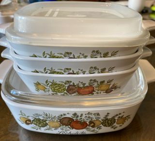 4 Vintage Corning Ware,  Spice Of Life,  (p - 41 - B),  1 3/4,  W/1 Lid,  (a - 1 - B),  1qt