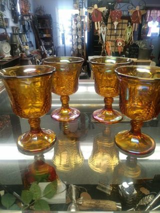 Set Of Four (4) Amber Harvest Marigold Carnival Glass Goblets W/ Grape Pattern
