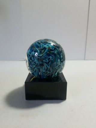 Unique Vintage Hand Blown Glass 5 " Blue Swirl Paper Weight Orb