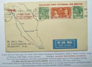 Malaya 28 Jun 1937 First Internal Air Service Cover From Penang To Singapore
