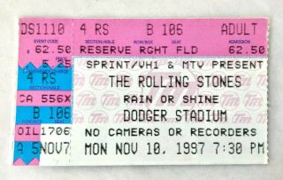 Rolling Stones 1997 Bridges To Babylon Tour Concert Ticket Stub Dodger Stadium