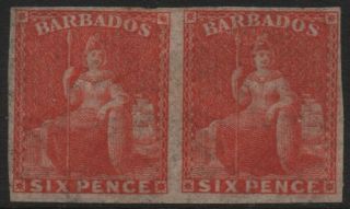 Barbados - 1873 6d Orange - Vermilion Imperf Pair Sg 60b Average Mounted V38896