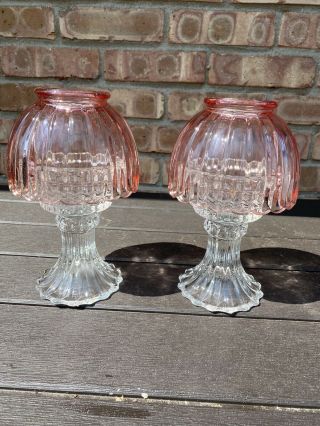 2 Vintage Pink Depression Glass Fairy Lamps