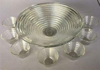 Vtg Anchor Hocking Art Deco Manhattan Pattern Punch/serving Bowl With 7 Glasses