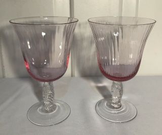 Pair Vintage Murano Glass Optic Rib Twist Stem Wine Goblets Rose Pink